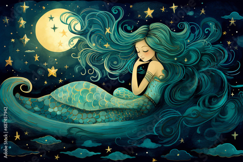 Moonlit Mermaid Dreams - Ethereal Aquatic Fantasy Illustration photo