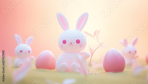 Happy Easter pastel background. Cute 3D Easter bunny with eggs in grass. Easter day design. Holiday banner, web poster, flyer, stylish brochure, greeting card, cover. Spring Easter 