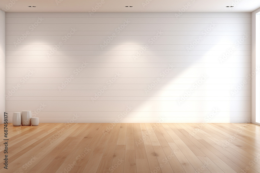 Explore this Scandinavian-inspired mock-up featuring, empty room with white wall, wooden floor, wooden flooring in 3D illustration. Ideal for interior design showcases. Generative AI. Explore this Scandinavian-inspired mock-up featuring, empty room with white wall, wooden floor, wooden flooring in 3D illustration. Ideal for interior design showcases. Generative AI.