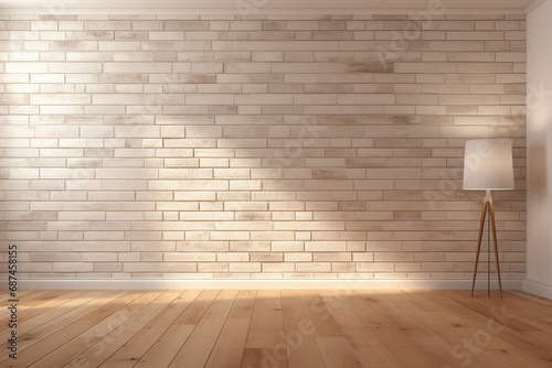 Minimalist living room interior with wooden flooring and stylish decor on a large wall, serving as a great backdrop for photography or design presentations. Generative AI.