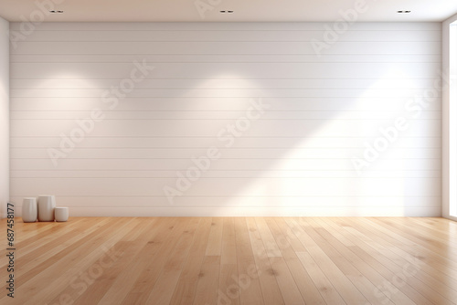 Explore this Scandinavian-inspired mock-up featuring, empty room with white wall, wooden floor, wooden flooring in 3D illustration. Ideal for interior design showcases. Generative AI. © Surachetsh