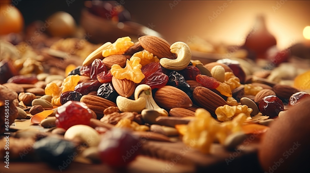 mixture of nuts and dried fruits complemented by vitamins and trace elements - obrazy, fototapety, plakaty 