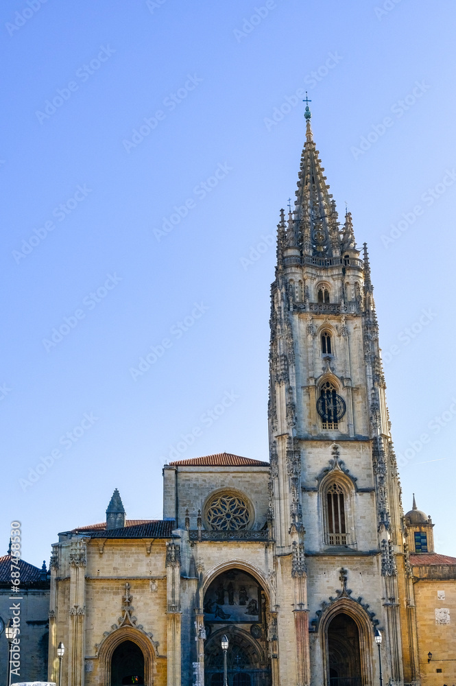 Facade of the Catholic Cathedral Church in Oviedo, Spain