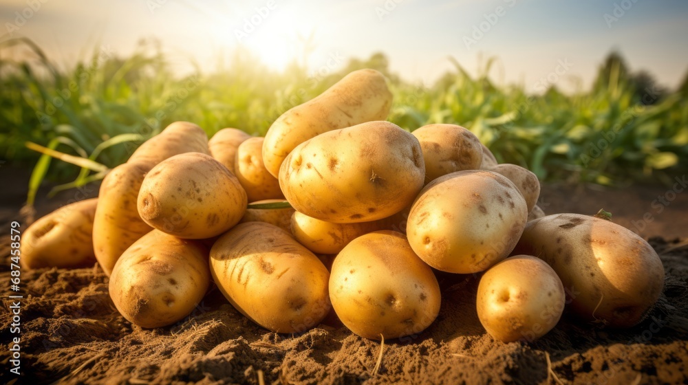 Fresh organic potatoes in the field, close up.with copy space for text