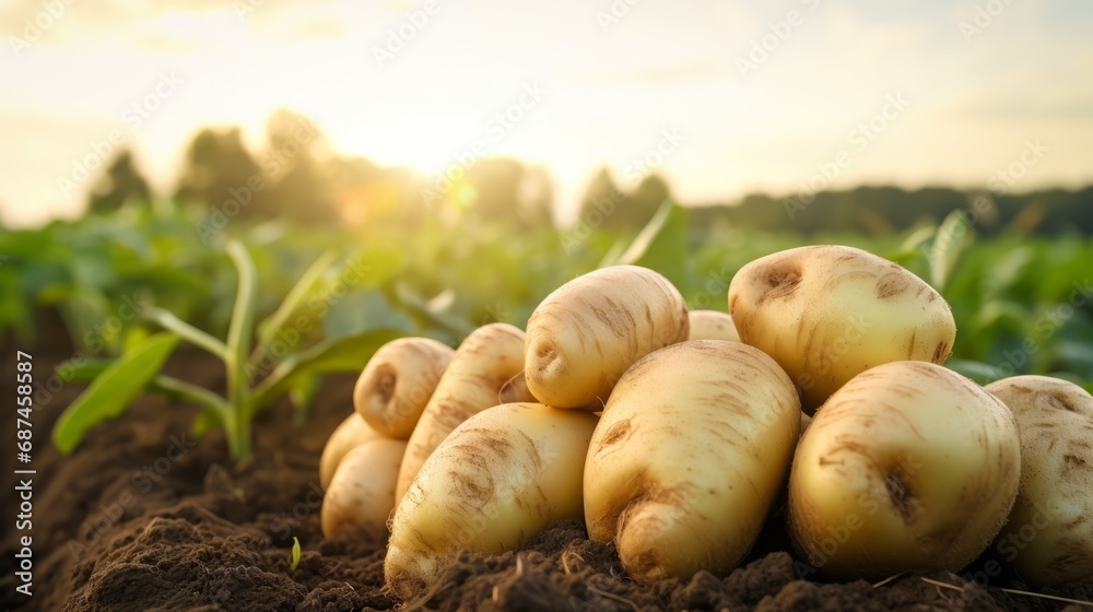 Fresh organic potatoes in the field, close up.with copy space for text Fresh organic potatoes in the field, close up.with copy space for text