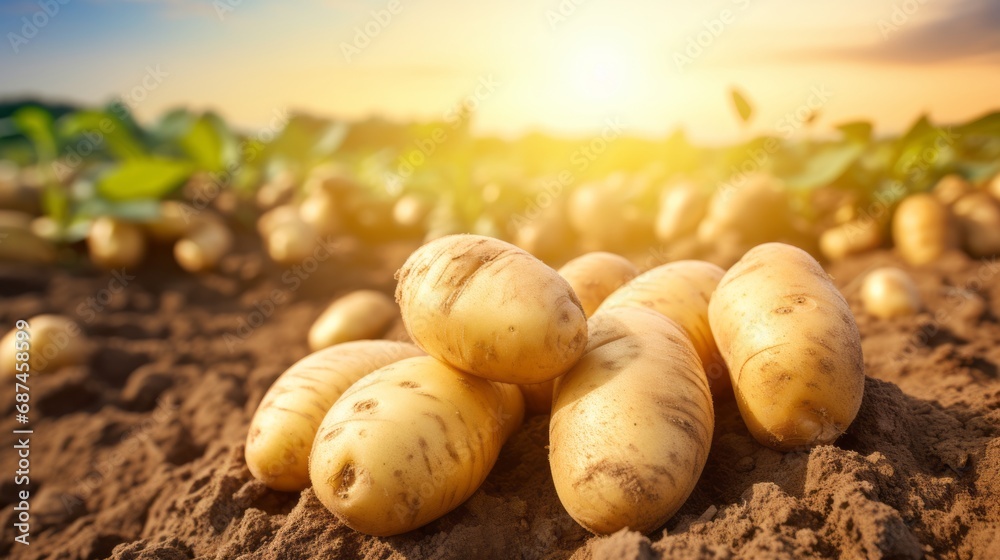 Fresh organic potatoes in the field, close up.with copy space for text Fresh organic potatoes in the field, close up.with copy space for text