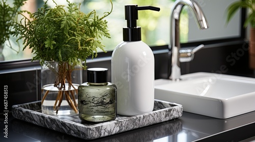 bathroom sink with soap dispenser and a high mirror