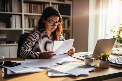 scene of a person seated at their home desk, deeply engrossed in the task of doing their taxes. The desk is organized yet filled with tax forms, a calculator, a laptop displaying spreadsheets, and a c