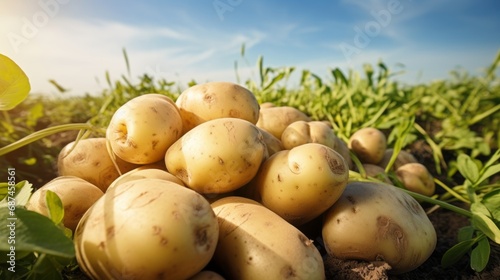 Fresh organic potatoes in the field  close up.with copy space for text