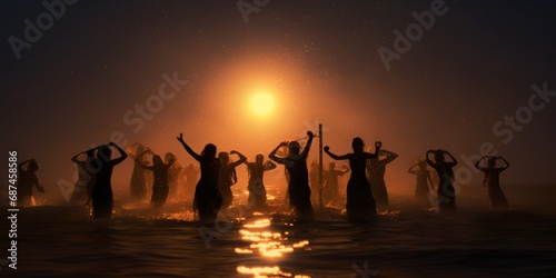 people dancing in the water at night 