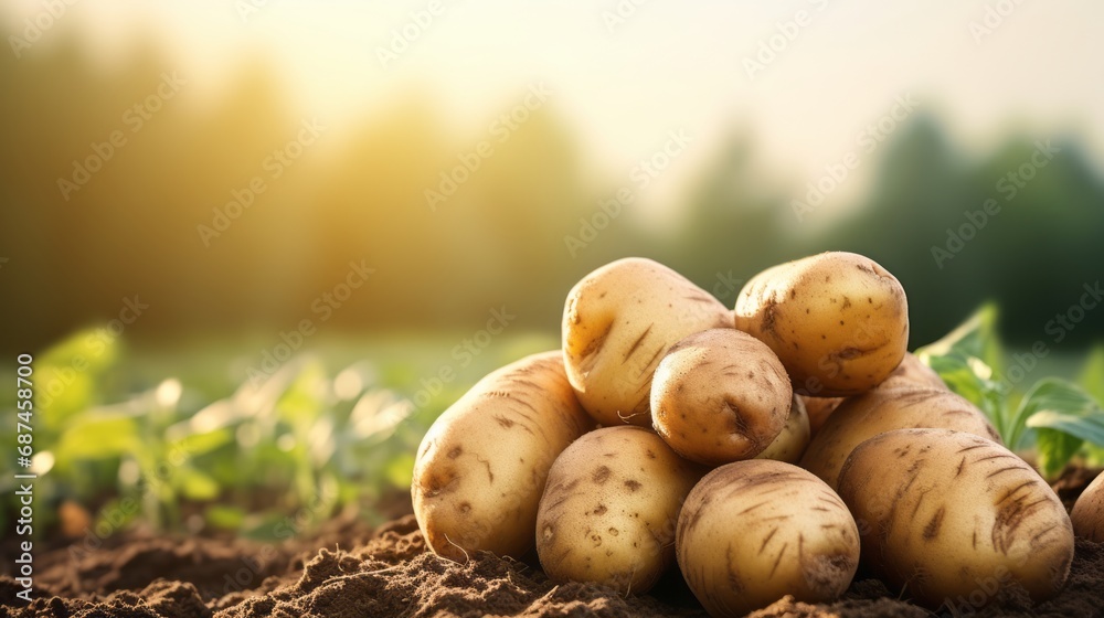 Fresh organic potatoes in the field, close up.with copy space for text Fresh organic potatoes in the field, close up.with copy space for text