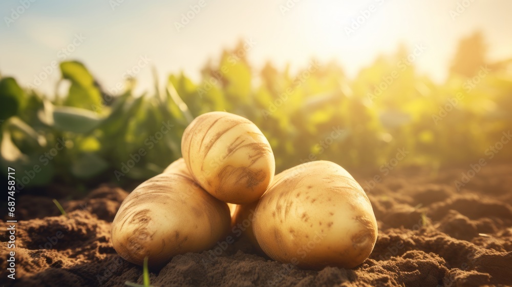 Fresh organic potatoes in the field, close up.with copy space for text Fresh organic potatoes in the field, close up.with copy space for text