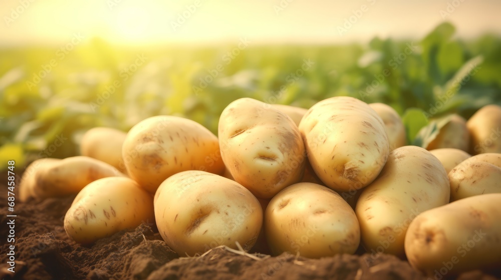 Fresh organic potatoes in the field, close up.with copy space for text Fresh organic potatoes in the field, close up.with copy space for text