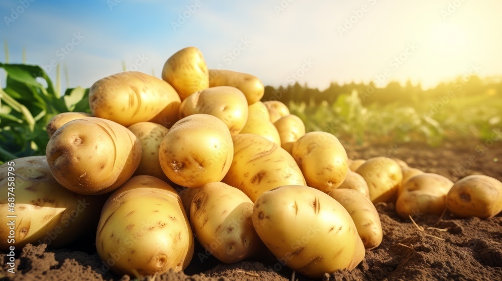Fresh organic potatoes in the field, close up.with copy space for text Fresh organic potatoes in the field, close up.with copy space for text