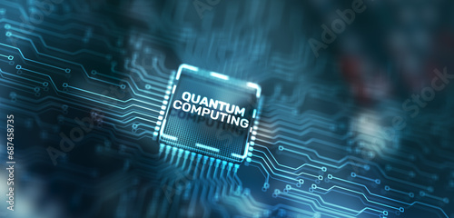 Quantum computing concept. The inscription on the processor icons