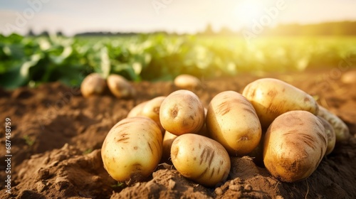 Fresh organic potatoes in the field, close up.with copy space for text