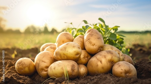 Fresh organic potatoes in the field  close up.with copy space for text