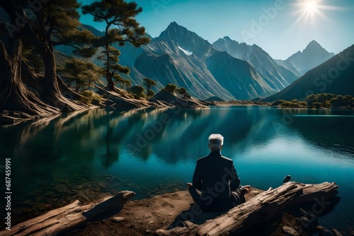 Un homme zen, assia a lavant d'une barque medite en contemplant le paysage clame et magnifique d'un lac enture de montagnes- photo