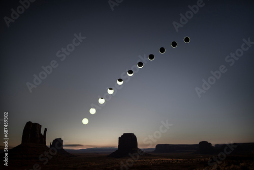 panorama of the ring eclipse, Monument Valley, Utah, Arizona, USA, 14.10.2023, composing of the different stages of the eclipse, travel usa and north america