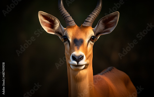 Portrait of an antelope on a black background with space for text. Wild artiodactyl anima. Graceful Wild Antelope Close-Up: Text Space in Dark Setting