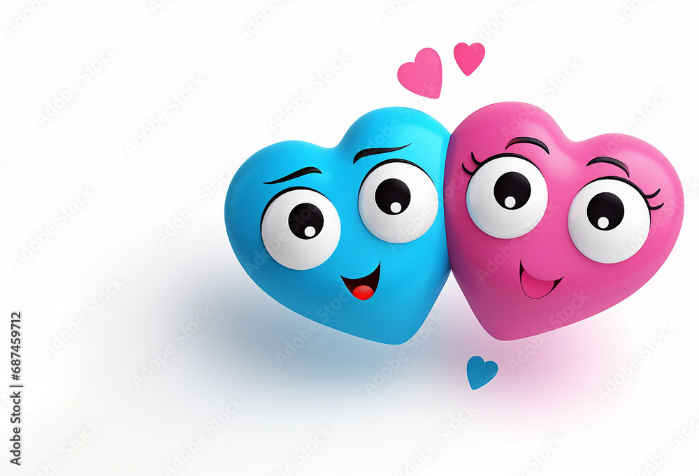 Two hearts with eyes in love on a white background. 3d rendering.