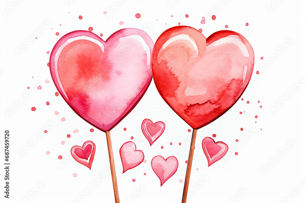 Watercolor hearts on a stick. Valentines day card. Hand drawn illustration.