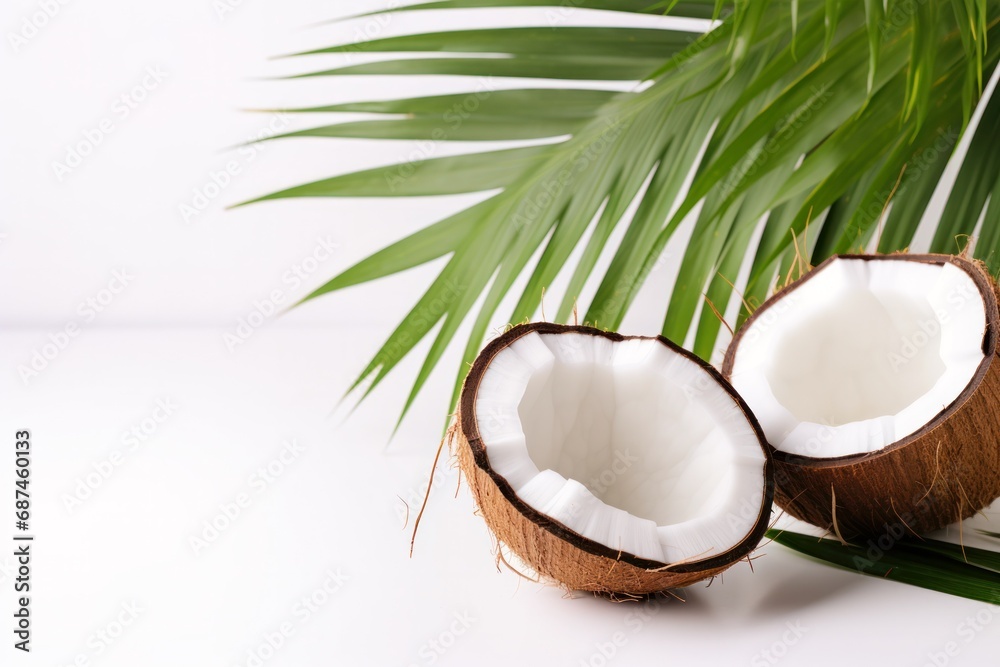 coconut with palm leaves on white background coconut with palm leaves on white background