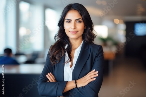 successful confident arabian hispanic smiling latino indian businesswoman worker lady boss female leader business woman posing hands crossed looking at camera in office corporate portrait photo