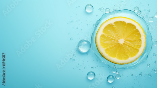 sliced lemon in color background with water wave and water drop.