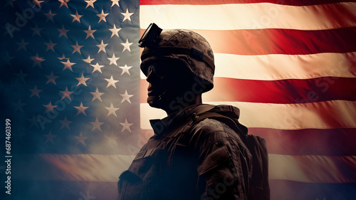 Silhouettes of a soldier in front of the American flag. Veterans Day. photo