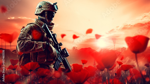 Soldier and US flag with red poppies. Veterans Day.