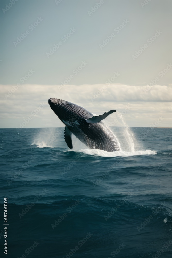Fototapeta premium A humpback whale jumps out of the water and splashes the ode, creating waves in the sea. Nature, ocean, wildlife, travel concepts.