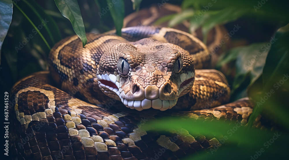 Boa constrictor non-venomous snake with detailed brown scales, coiled on a wooden branch. Boa constrictor non-venomous snake with detailed brown scales, coiled on a wooden branch.