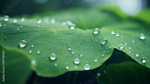 Illustrate the close-up details of water droplets on the surface of lotus leaves, emphasizing the interaction between the water and the hydrophobic characteristics, background image, AI generated photo