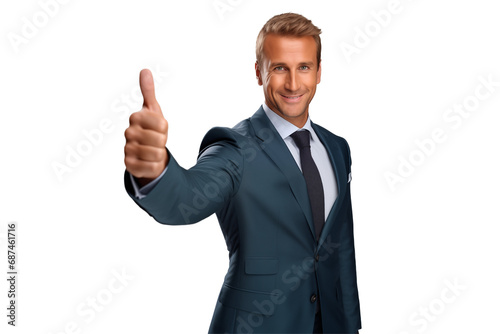 Confident businessman in a black tuxedo giving a thumbs-up, ideal for promotion and motivational content on a transparent background.