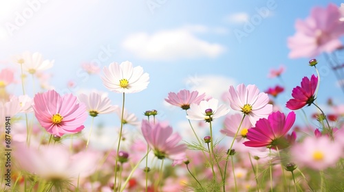 Cosmos Flowers Blooming Under Sunny Sky