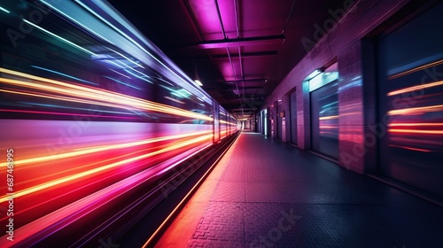 Speeding Train in Illuminated Subway Station