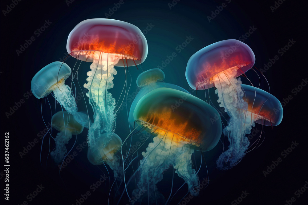 Group of rare colored jellyfish close-up, dark background. AI generated. Group of rare colored jellyfish close-up, dark background. AI generated.