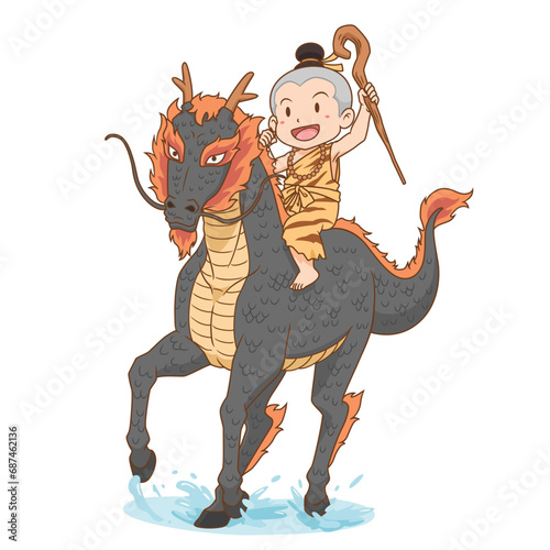 Cartoon hermit boy riding a black dragon horse.
