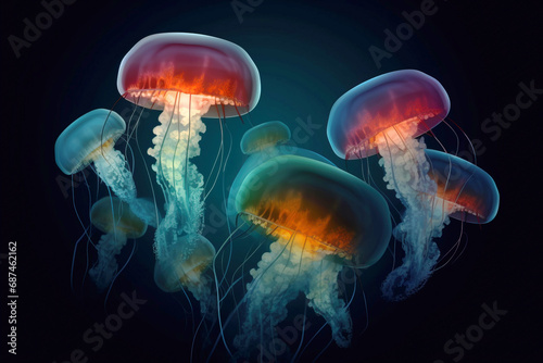 Group of rare colored jellyfish close-up, dark background. AI generated. © Serhii