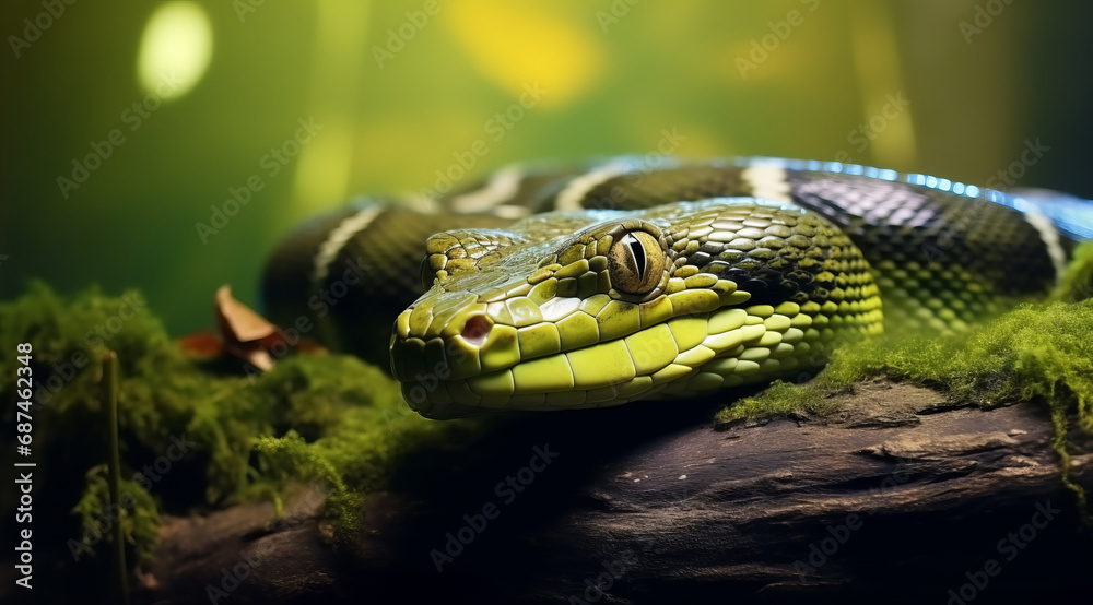 Detail of large green anaconda coiled on a rock, poised in its tropical habitat. Detail of large green anaconda coiled on a rock, poised in its tropical habitat.