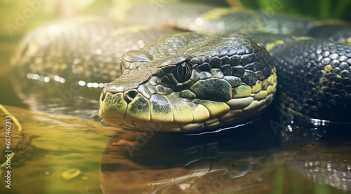 Detail of large green anaconda coiled on a rock, poised in its tropical habitat. photo