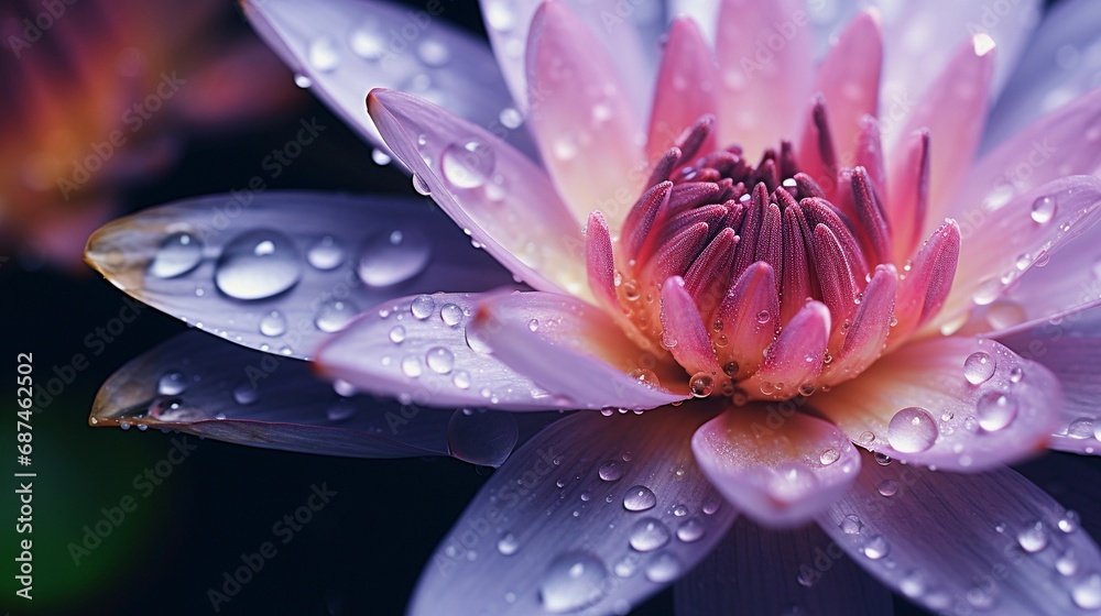 Fototapeta premium Close-up image capturing the delicate details of water droplets on the petals of a water lily, background image, AI generated