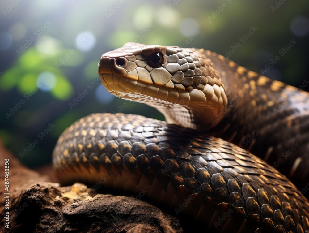 A fearless King Cobra, poised in a natural setting. A fearless King Cobra, poised in a natural setting.