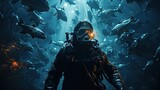A diver in a diving suit swims underwater with fish and corals.