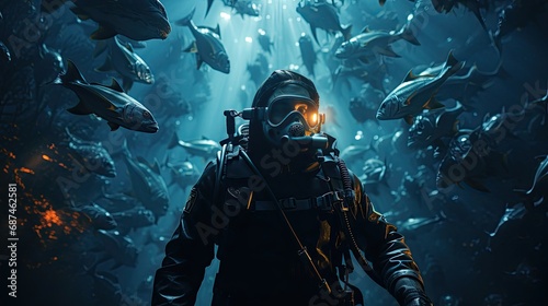 Photo A diver in a diving suit swims underwater with fish and corals.
