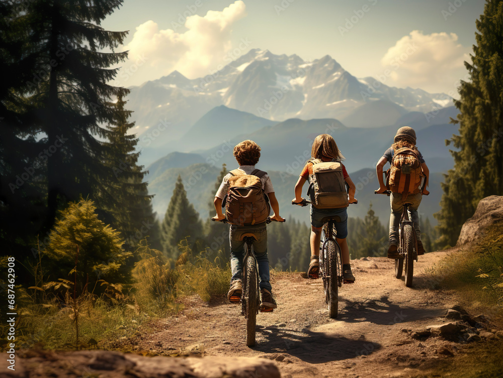 Fototapeta premium three teenager person mountain biking without helmets on trail. mountain, pine forest background. back, Rear view of 3 children. group, team of kids cycling outdoors in summer nature. Generative ai