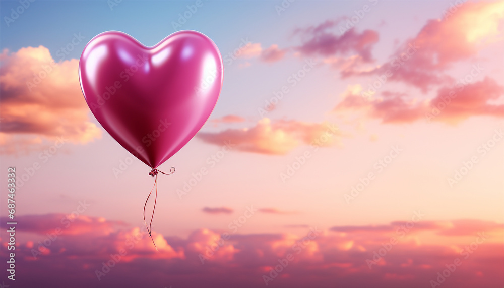 Pink balloon heart shape against colorful blue sunset sky and pink pastel sky in a sunny bright morning. Romantic postcard background on Valentine's Day. Travel and recreation theme Copy space Pink balloon heart shape against colorful blue sunset sky and pink pastel sky in a sunny bright morning. Romantic postcard background on Valentine's Day. Travel and recreation theme Copy space