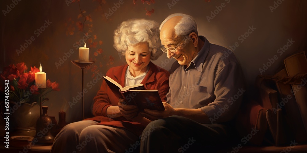elderly old couple reading