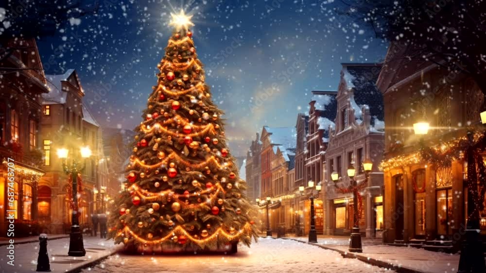 Animation of falling snow and sparkling stars. Christmas tree in the center of a small town. Loop video. One minute, Animation of falling snow and sparkling stars. Christmas tree in the center of a small town. Loop video. One minute,